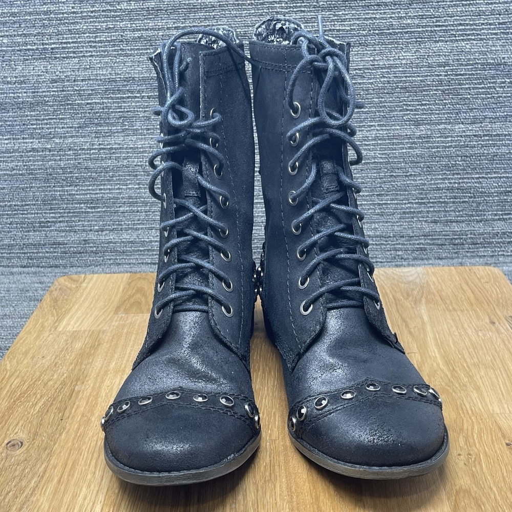 Gianni Bini Boots Women 8.5 M Black Distressed Leather Studded Biker Goth Lace - Picture 13 of 14